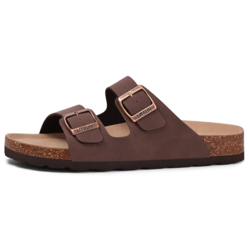 Image of Litfun Unisex Cork Footbed Sandals Summer Slip On Slides for Women Men | Adjustable Buckle, Comfortable Sandals With Arch Support, Beach Casual Style