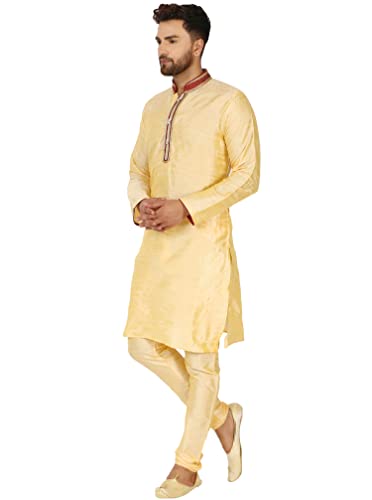 Image of SKAVIJ Men's Art Silk Embroidered Kurta Pajama Set Woven Design Festive Party Dress
