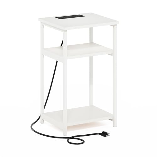 Image of Furinno Moretti 3-Tier USB and Type-C Charging Port Open Storage Side Table with Metal Frame, White /White