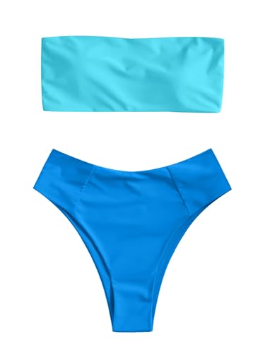 Image of ZAFUL Women's High Cut Bandeau Bikini Set Strapless Solid Color 2 Pieces Bathing Suit Swimsuit