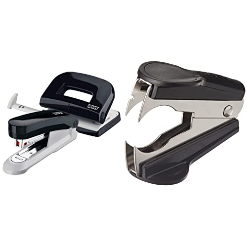 Novus Schreibtisch Set (Heftgerät E 15 mit Locher E 210, inkl. 1000 Heftklammern No. 10) schwarz & Rapid Entklammerer C2 (Metall) schwarz