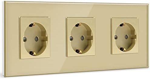 BSEED Gniazdko Schuko z 3 gniazdami ze szkła kryształowego, ze szkła ochronnego, potrójne, 16 A, 228 mm, złote gniazdko przedłużające, gniazdko ścienne