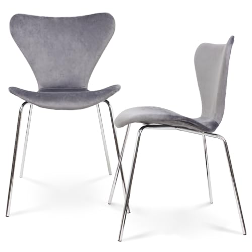 U2PICK Silla de Comedor de Terciopelo Apilable con Patas Cromadas, 2 Piezas Silla Ergonómica y Resistente, Cómoda y Ideal para Cocina, Salón y Restaurante, Gris