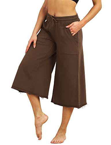 icyzone Culottes Capri Pants for Women - Elastic Waist Wide Leg Joggers Casual Lounge Cotton Sweatpants with Pockets