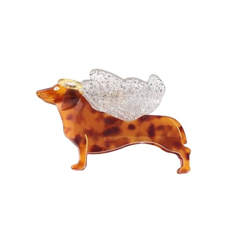 Vintage Angel Dachshund Dog Hair Claw Clip, Tortoise Shell Pattern with Glitter Wings Acetate Hair Claw for Women Mother Gift, 3.14 x 2.36 inches