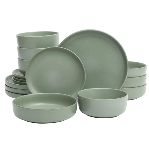 Image of Gibson Elite Pasco 16 Piece (Service for 4) Plates and Bowls Double Bowl Reactive Glaze Dishes Stoneware Ceramic Dinnerware Set - Green