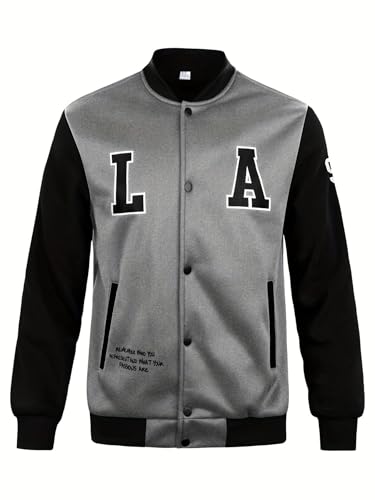 Stylish Casual Jacket Baseball Letter Jacket with Buttoned Threaded Collar and Cuffs at Front Hem