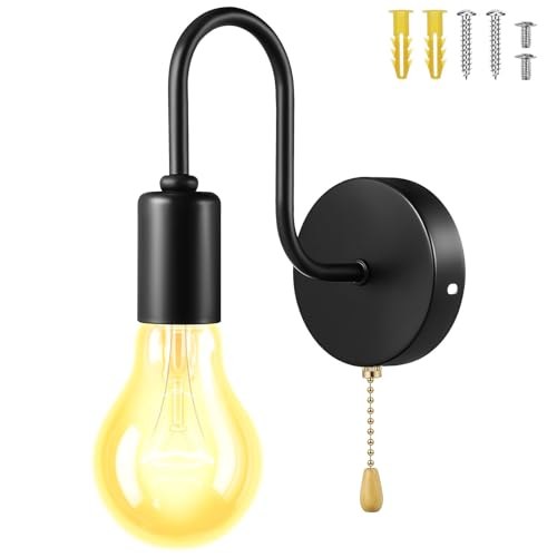 Cabilock Lámpara de Pared Vintage Interruptor de Cadena, Lámpara de Hierro para Iluminación de Pasillos y Exteriores, Montaje Rápido y Compatible Bombillas Estándar