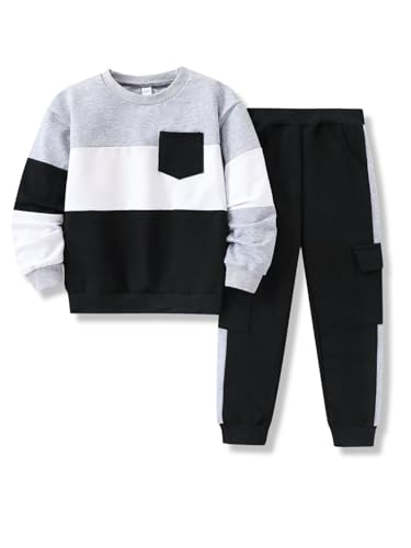 Klyatpxoen Boys Outfits Fall Color-Block Long Sleeve Sweatshirt & Pant Clothing Set 2Pcs Boys Clothes Size 7 Black(6-7Y)