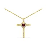 B. BRILLIANT Yellow Gold Flashed Sterling Silver Simulated Ruby & Cubic Zirconia Halo Cross Pendant Heart Necklace for Women