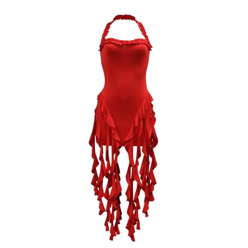Aro Lora Womens Sexy Halter Neck Sleeveless Ruffle Tassel Party Club Bodycon Mini Dress2