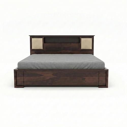 Image of Solid Sheesham Wood Bed with Storage | Wooden Cot with Box Storage & Upholstered Headboard | Strong Durable Frame | Modern Luxury Bed for Bedroom Home & Hotel (Walnut Finish, Queen)