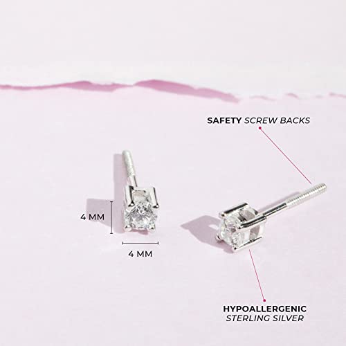 925 Sterling Silver Cubic Zirconia Round Screw Back Earrings for Toddlers & Little Girls 4mm - Timeless and Classic Stud Earrings Great for Everyday Wear - Hypoallergenic Safe for Young Girls4