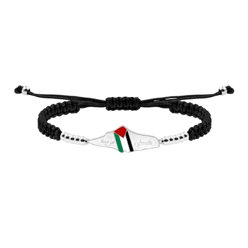 Mayfaith Black Braided Enamel Palestinian Bracelet, Silver Arabic Calligraphy Pride Men Geometric Map Cultural Fashion Accessory