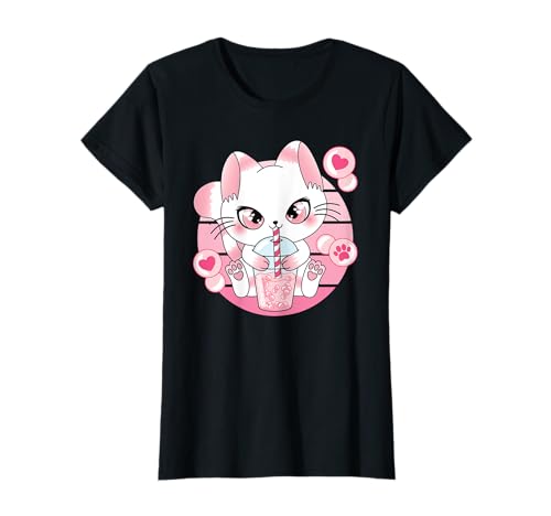 Lindo Kawaii Gato Boba Té Burbuja Té Anime Japonés Rosa Neko Camiseta