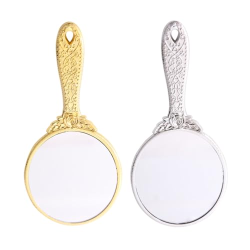 GETAJGHSD 2pcs Vintage Handheld Round Makeup Mirrors with Carved Handle,