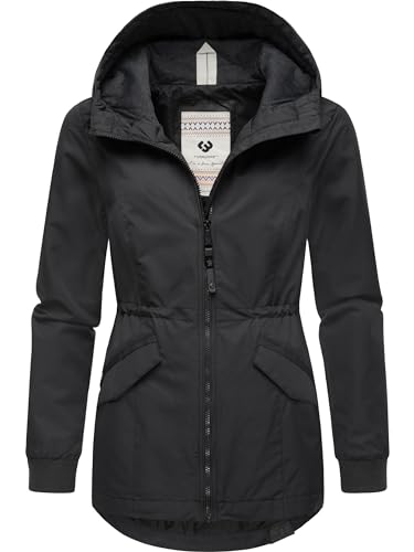 Ragwear Lekka damska kurtka przejściowa, krótka kurtka przeciwdeszczowa, wodoszczelna (słup wody 11 000 mm), oddychająca kurtka outdoorowa z kapturem Dowey Tech YOUMODO XS-XXL, czarny, M