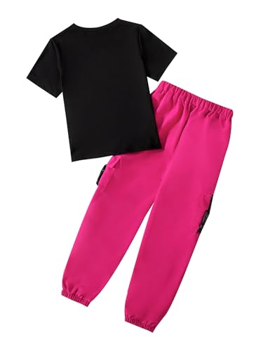 Image of Hilinker Girl's Cute 2 Piece Outfits Basic Short Sleeve Tee and Cargo Pants Sets Workout Black Hot Pink 7-8 Year