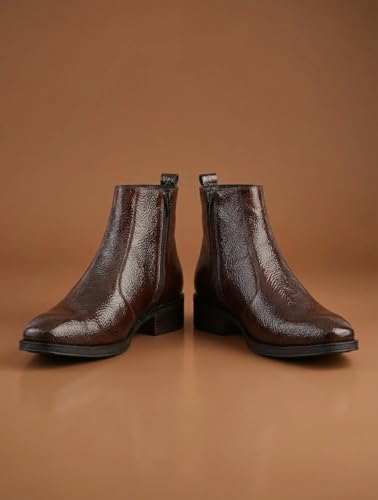 Image of Big Fox Men's Tan Textured Cuban Boots | Premium Ankle-Length Fashion Boots | Stylish, Durable & Comfortable