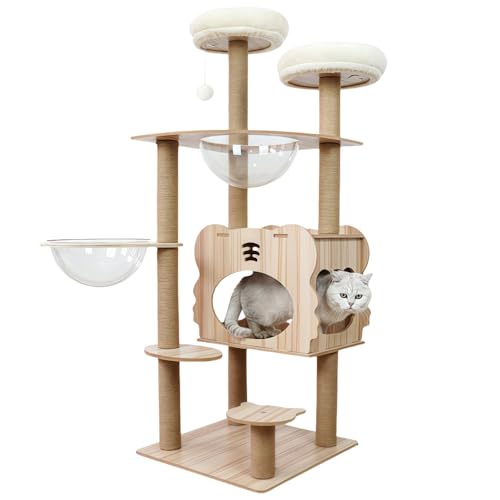 Xemuar キャットタワー 木製 ,据え置き 厚さを増した板材 ,多頭飼い 大型猫用 猫タワー スリム 爪とぎポール 運動不足解消 お手入れ簡単 丸角設計 省スペース (b-6)