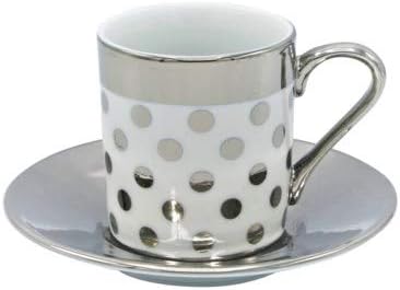 Porcelain China Espresso Turkish Coffee Demitasse Set of 6 Cups + Saucers with Metallic Design (Silver Polka Dots)