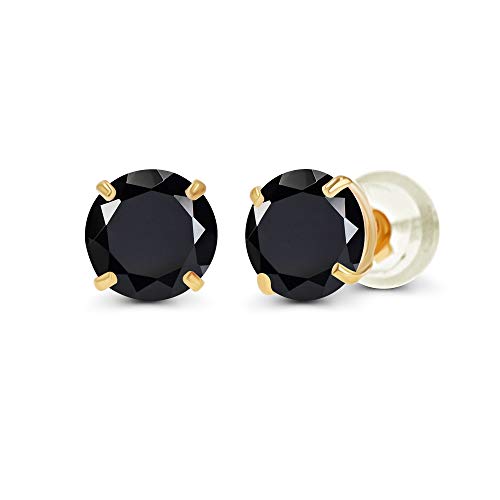 14K Solid Yellow Gold 4mm Round Natural Black Onyx Birthstone Prong Set Stud Earrings For Women