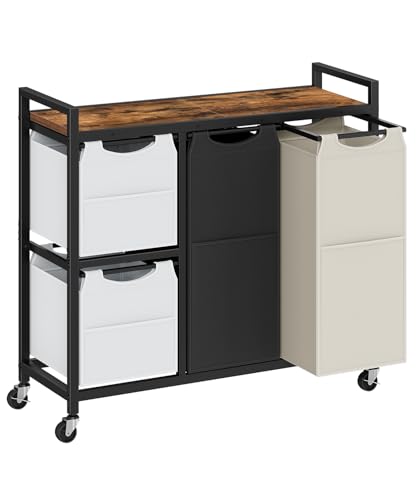 HOOBRO Laundry Sorter with 4 Section, 39 Gal. (147 L) Laundry Hamper with Wheels, Rolling Laundry Basket with Shelf, Pull-Out Detachable Bags, Side Pockets, Rustic Brown, Black and Beige BFE14XY01N1