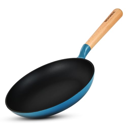 Image of BERGNER Excalibur Lightweight Cast Iron Frypan 24cm, Sturdy Wooden Handle, Non-Stick Coating, PFAS Free, Perfect Heat Distribution, Elegant Design - Induction and Gas Stove Ready (Blue)