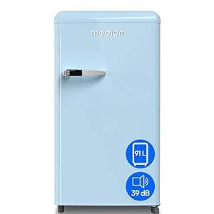 MEDION Retro Kühlschrank (91 Liter, 91cm Höhe (höhenverstellbare Füße), höhenverstellbare Glasablagen, transparente Gemüseschublade, freistehend, Türanschlag rechts, Metall Türgriff, MD37800) blau