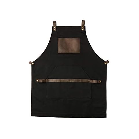 OleksynPrannyk Black Apron in Canvas and Leather for Chef Work Bartender Barista Barber Shop Grill Master olpr. Made in USA Cover