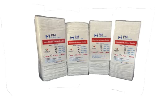 Gauze Swabs pack of 100-Sheets, Non-Sterilized ,Quality 100 Percent Pure Cotton Yarn (Thread) for Makeup Remover and for Dressing for small cuts and wounds, White, 7.5cm x 7.5cm x12ply (PMSG-GW-1001)