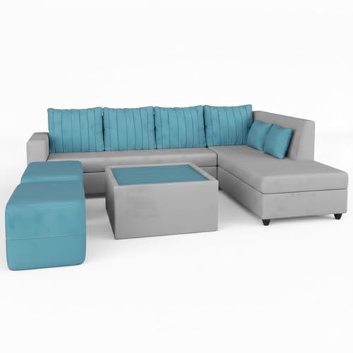 Image of CASASTYLE Stylano 8 Seater Fabric RHS L Shape Sofa Set with 1 Centre Table & 2 Ottoman (Sky Blue-Light Grey) 8-Person Seating with Premium Velvet Finish
