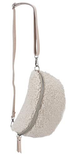 SH Leder ® Teddy Plüsch Hüfttasche Damen Gürteltasche für Festival Reise Bauchtasche mittelgroße Crossbody Bag Frauen mit echt Leder Schultergurt 27x16cm Kate G358 (Beige/Silber Zipper, M)