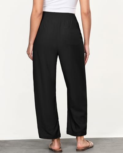 GRAPENT Linen Pants Women Wide Leg High Waisted Cropped Barrel Pull On Smocked Elastic Waist Summer Pants with Pockets2