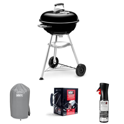 Weber Compact Kettle Barbacoa de Carbón, Ø 47cm, Negro, 1221004 + Funda para Barbacoa de Carbon, 7175 + Set Chimenea con Briquetas Encendido Blancas, 17631 + Producto de Limpieza para Parrilla y Horno