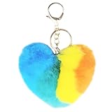 jtkdxqs Pom Pom Keychain Soft Artificial Rabbit Fur Plush Fluffy Ball Key Ring for Women Girls,Heart shape rainbow