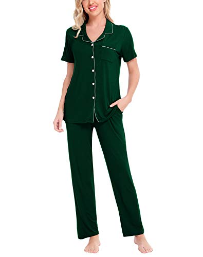 Image of SWOMOG Women Pajama Sets Two-Piece Nightwear Short Sleeve Sleepwear Button Down Pj Lounge Sets with Long Pants