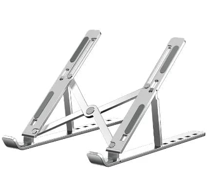 Tabletop Laptop Stand 7 Height Adjustable, Aluminium, Ventilated, Foldable, Portable Laptop Holder for Desk & Table Mount Upto 15.6 inch Laptop with Carry Pouch (Silver) A-2