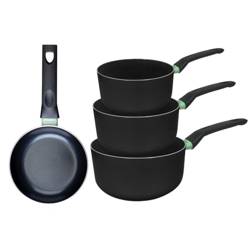 Fackelmann 9430050 Ensemble de 1 poêle de 16 cm et 3 casseroles 16, 18 et 20 cm, revêtement céramique antiadhésif, sans PFAS, tous feux, induction, four, Aluminium, Noir, Vert, 16, 18 et 20 cm