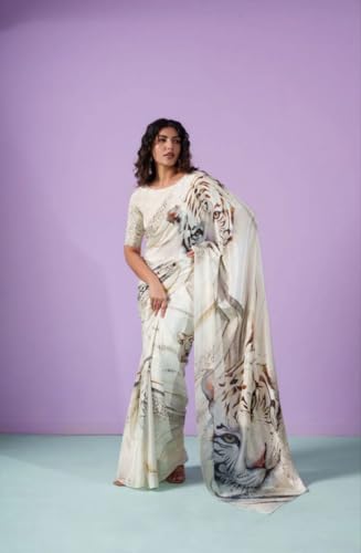 Image of Designer White Silk Crepe Saree with Digital Print Tiger Pattern, 6.30 Meter Length, With Blouse Piece