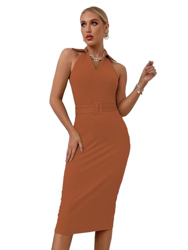 Image of Sugathari Solid Women V-Neck Ribbed Knit Sleeveless Bodycon Dress (MIDI 103)