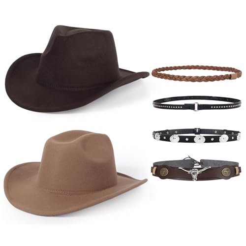 Image of 2 Pack Western Cowboy Hats for Women Men 4 Different hat Bands | Classic Felt Wide Brim Costume Cow Boy Hat Curved Brim Cowgirl Hat