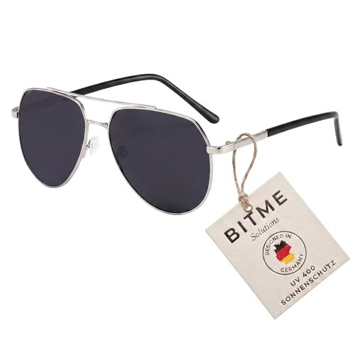 BitME Solutions Sonnenbrille Herren Polarisiert UV400 Schutz Pilotenbrille für Männer Rechteckiges Design Ideal zum Autofahren & Business Inkl. Etui Silber