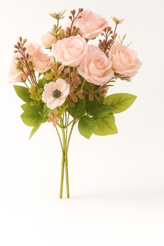 MeraPrime Ramo de Flores Artificiales Decoracion Jarrones - Ramo Rosas Artificiales- Flores Artificiales Realistas Ramos de Flores Decoración Hogar 33 cm - Centro de Mesa Decorativo Home Decoration