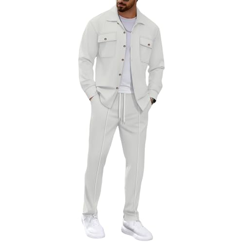 Mens Sweatsuits 2 Piece Set Jacket Top and Casual Pants Set Fall Fashion Sweatsuits Waffle Plaid Jacquard Outfits