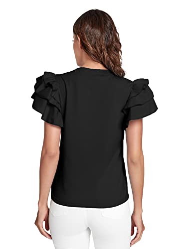 Verdusa Women's Layered Ruffle Butterfly Sleeve Round Neck Blouse Tee Top Black S #TOP2