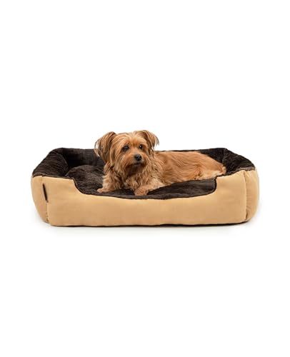 lionto Letto per cani con cuscino reversibile e base antiscivolo, cuscino robusto con ingresso basso per cani e gatti di ogni età, 75x60 cm, cuccia accogliente, beige/marrone