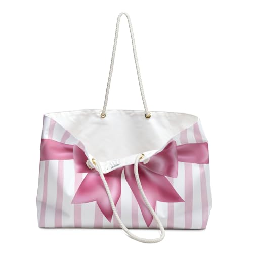 Pink Bow Weekender Bag, Travel Tote, Overnight Duffle, Large Carry-On, Gift for Her, Striped Luggage3