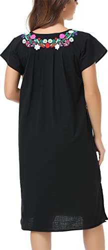 Image of YZXDORWJ Women Mexican Embroidered Long Dress Ruffle Collar Maxi Boho Floral Summer Short Sleeve