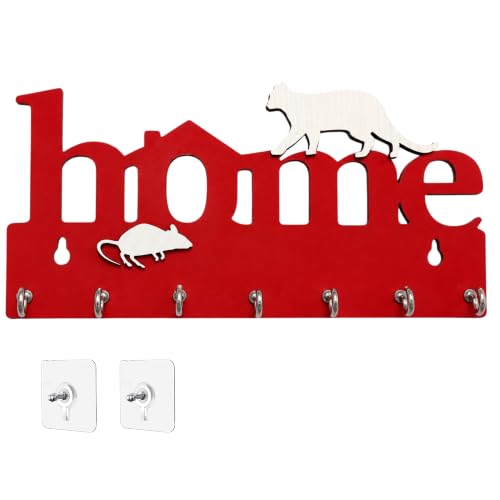 Image of Webelkart Premium Home Keys Wooden Key Holder (29 cm x 13.5 cm x 0.4 cm, Wood) 7 Hook - Decorative Items for Home Decor (Red)